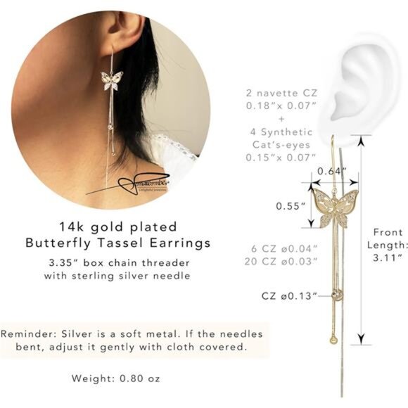 Long Gold Threader Tassel Earrings Dainty Rhinestone Butterfly Heart Drop Jewel - Picture 3 of 7